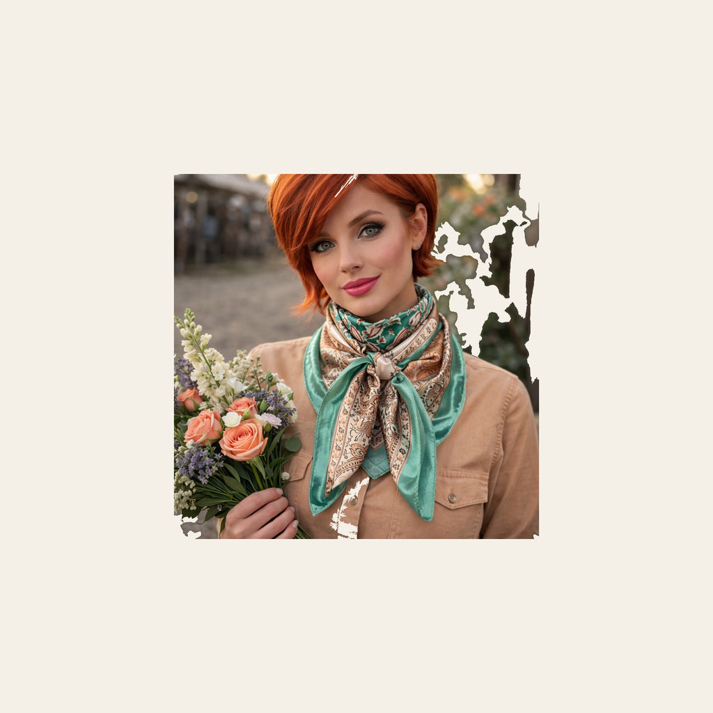 Teal, Brown and Tan Floral Wild Rag - Western Scarf