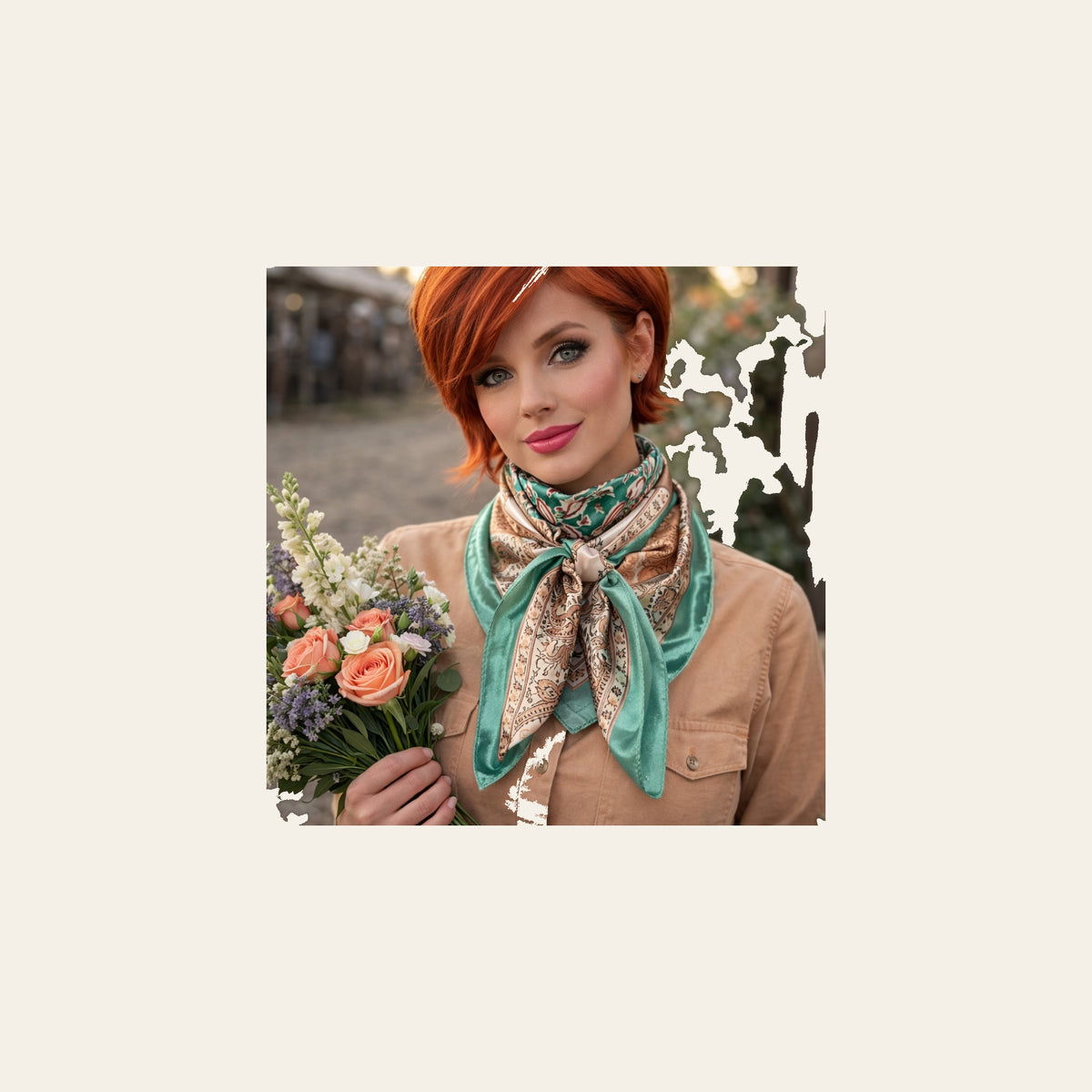 Teal, Brown and Tan Floral Wild Rag - Western Scarf
