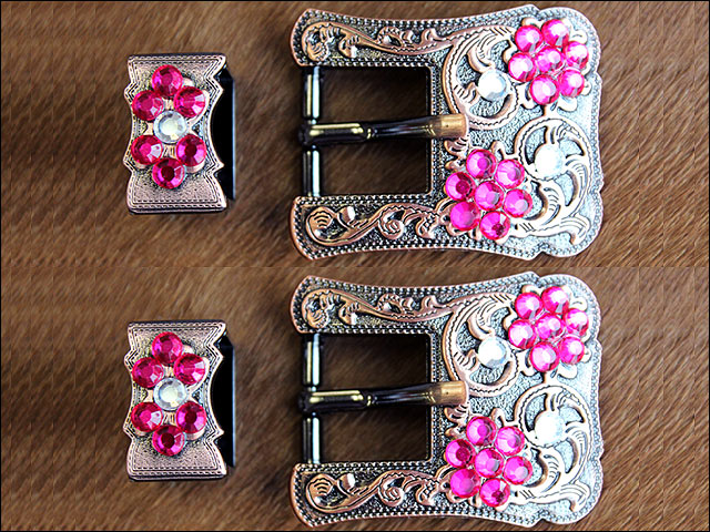 Hilason Screw Back Concho Fuschia & Crystal Floral Copper Buckle Set  3/4 Inch