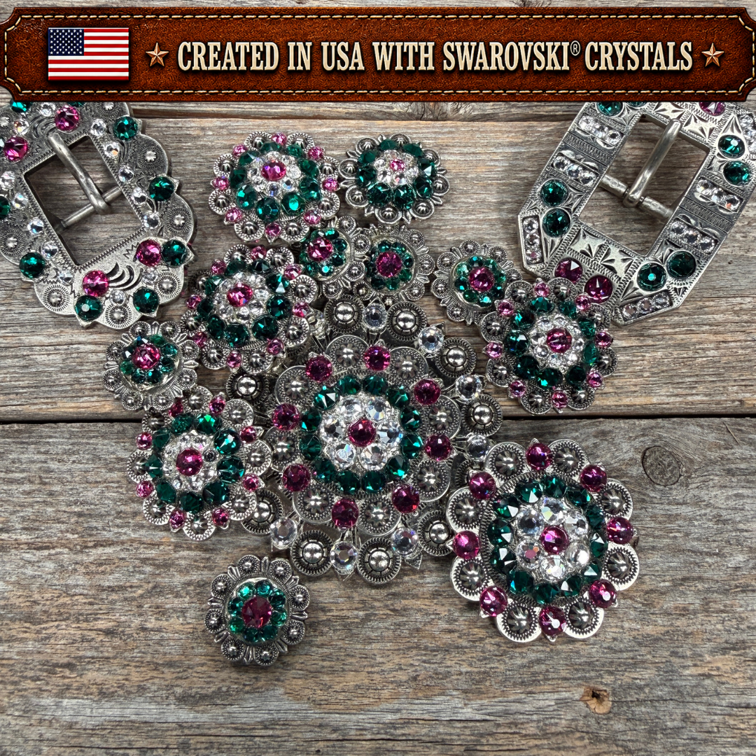 Antique Silver Fuchsia - Clear - Emerald Crystal Conchos | Sizes 1"- 3" | Buckles | Saddle Set | Leather Rosettes | Slide