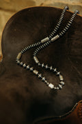 36" Graduated Saucer Pearl With Stamped Barrel Bead Necklace
