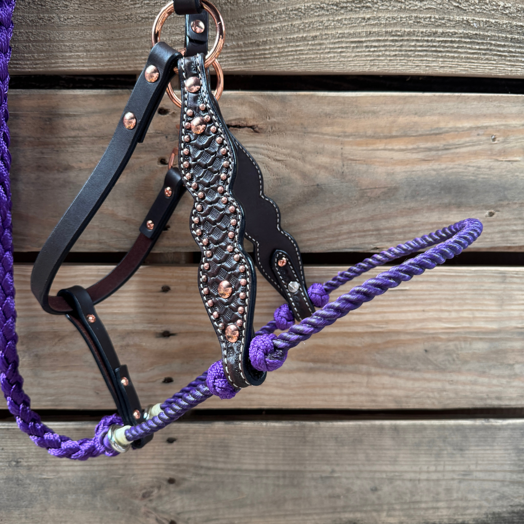 Purple Honeycomb Tooled Lariat & Leather Combo Halter — view 2