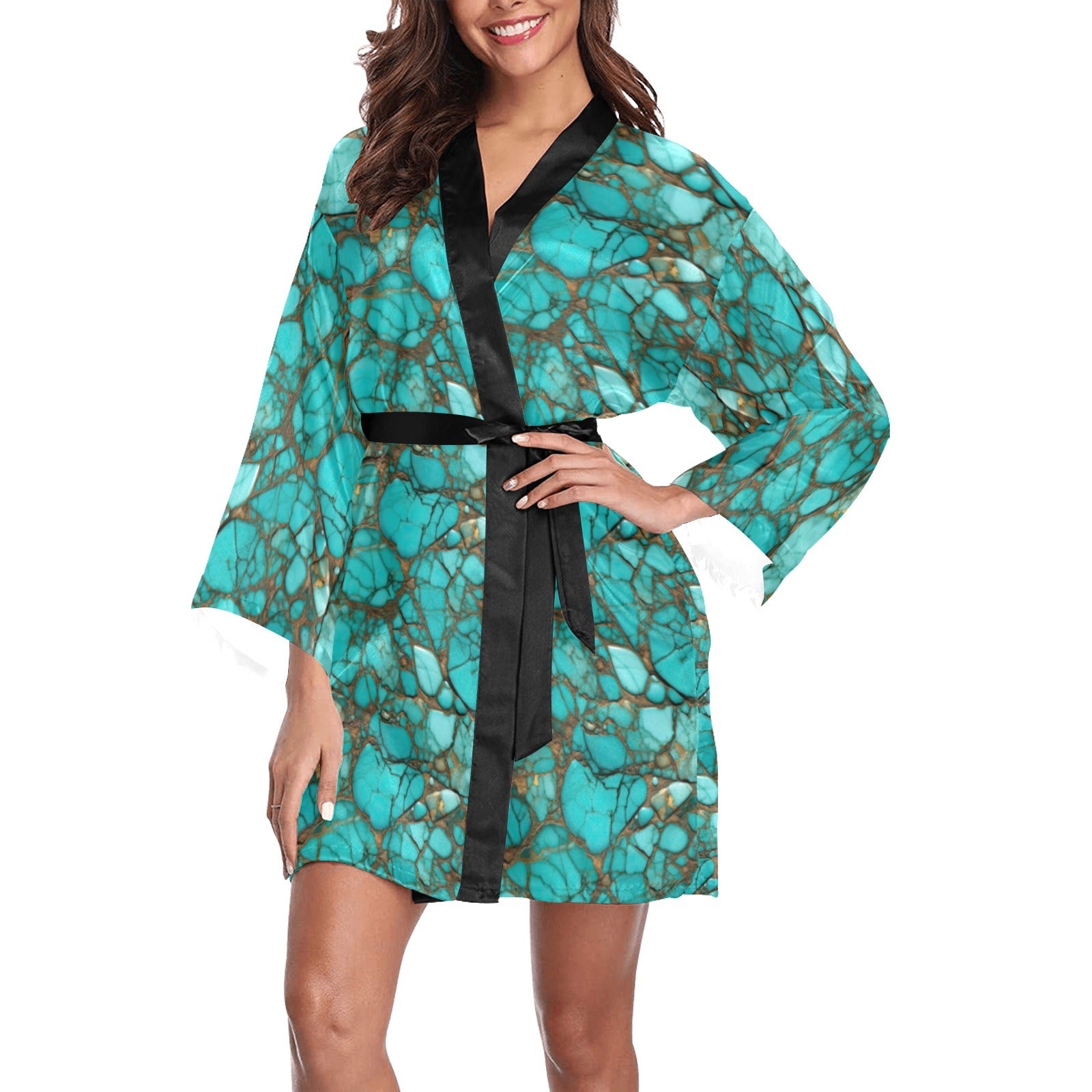 Baha Ranch All Turquoise Satin Kimono Sleeve Robe by Baha Ranch Western Wear