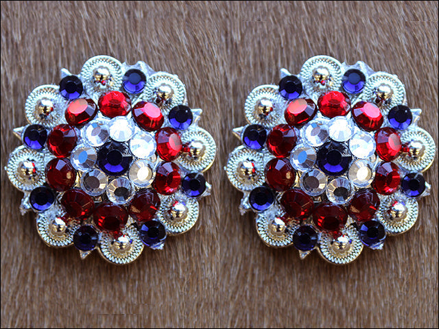 Hilason Western Silver Berry Rhinestone Concho — Red/Blue, 1.5"