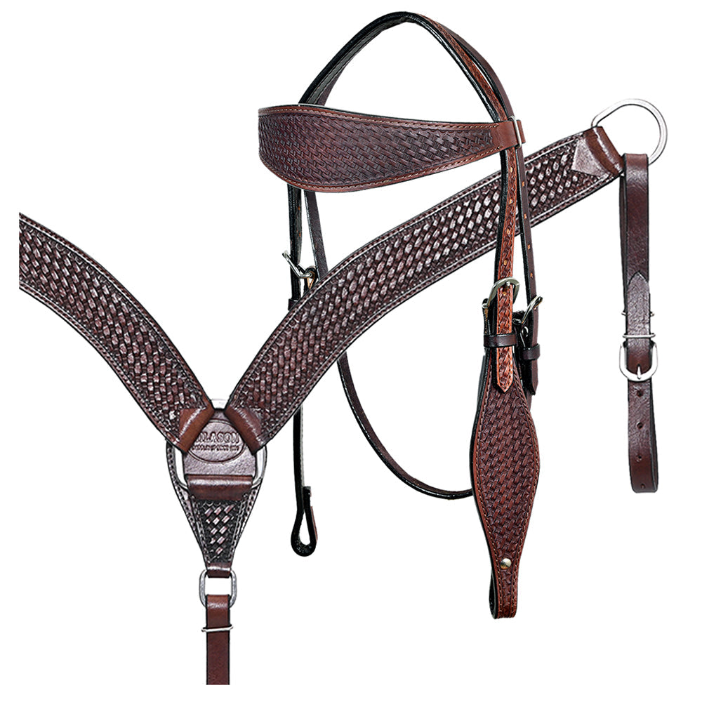 HILASON Western Horse Headstall Breast Collar Set Tack Genuine American Leather Basket Weave Dark Brown