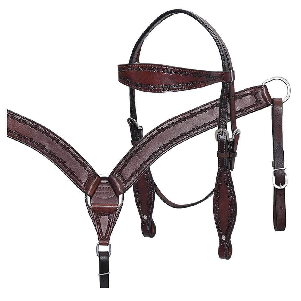 HILASON Western Horse Headstall Breast Collar Set Tack Genuine American Leather Barb Wire Dark Brown