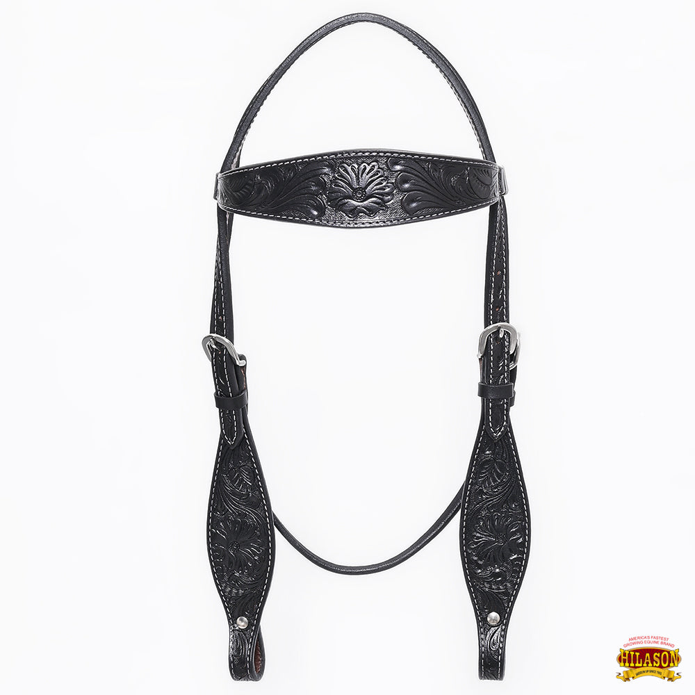 Hilason Western Floral Leather Breast Collar & Headstall Set — Black