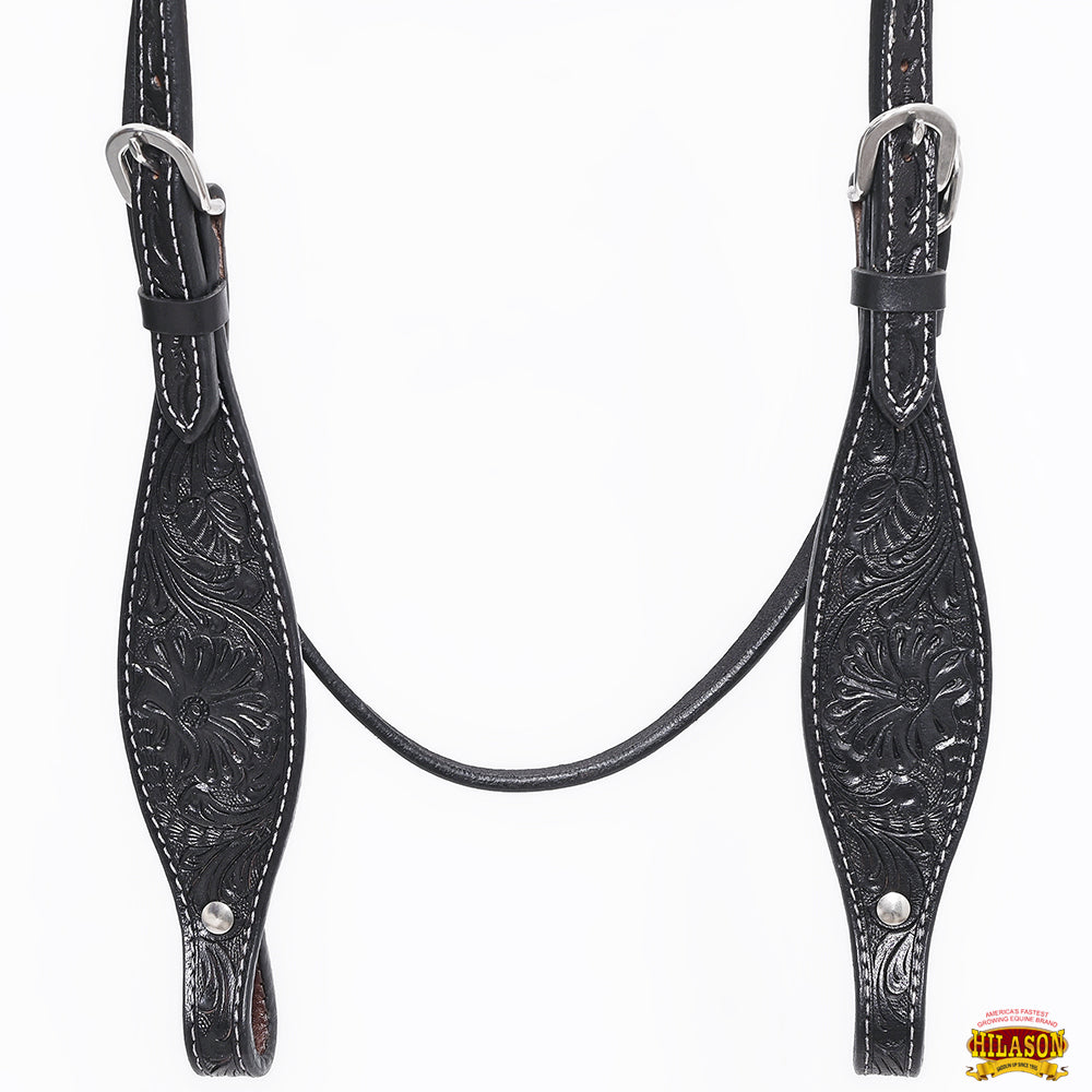 Hilason Western Floral Leather Breast Collar & Headstall Set — Black