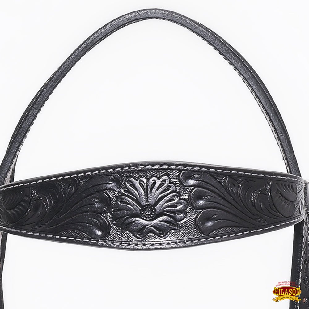 Hilason Western Floral Leather Breast Collar & Headstall Set — Black