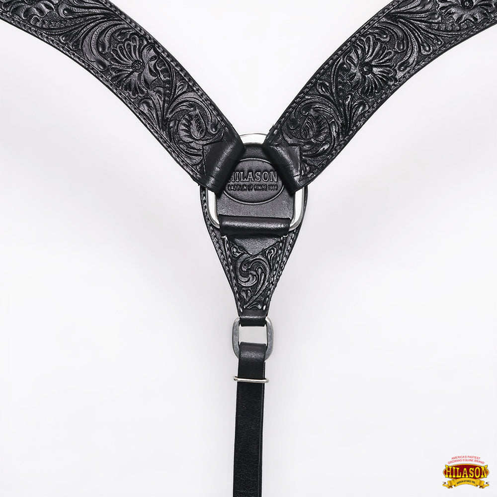 Hilason Western Floral Leather Breast Collar & Headstall Set — Black