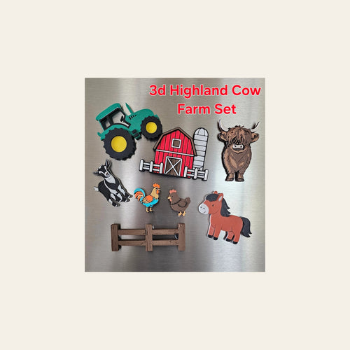 3D Highland Cow Farm Magnet Gift Set on a warm cream background