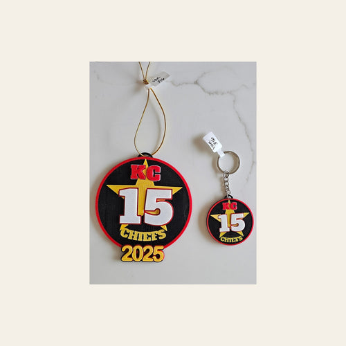 3D Print Chiefs Kc 15 Mahomes Kansas City Patrick Football Ornament or Keychain on a warm cream background