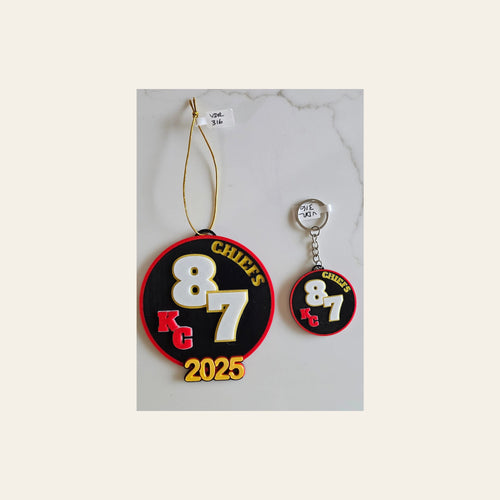 3D Print Chiefs Kc 87 Kelce Travis Kansas City Football Ornament or Keychain on a warm cream background