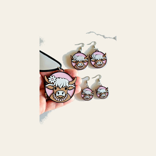 3D Print Cowgirl Highland Cow Picture Necklace or Earrings Western Made in America by Baha Ranch Western Wear