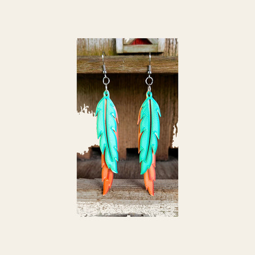 3D Print Double Feather Boho Earrings Made in America by Baha Ranch Western Wear