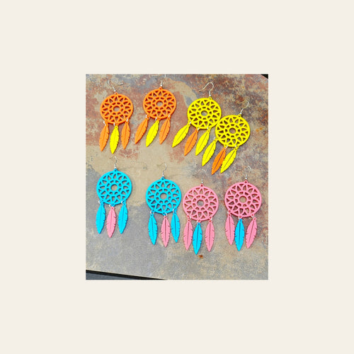 3D Print Dreamcatcher Boho Earrings Choice of Colors Made in America on a warm cream background