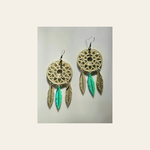 3D Print Dreamcatcher Boho Earrings Made in America on a warm cream background