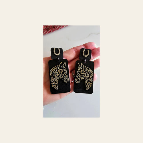3D Print Horse Equestrian Western Earrings Made in America choice of colors on a warm cream background