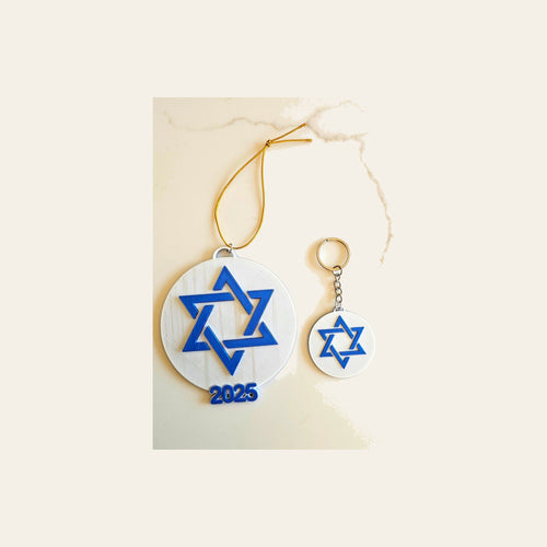 3D Print Israel Flag Star of David Ornament or Keychain on a warm cream background