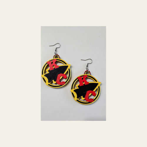 3D Print Kansas City Arrowhead Football Chiefs Earrings Made in America on a warm cream background