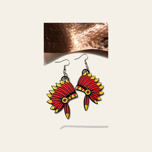 3D Print Kansas City Indian Headdress Chiefs Earrings Made in America by Baha Ranch Western Wear