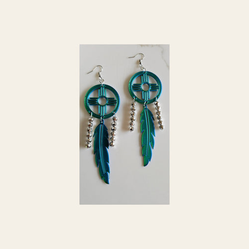 3D print Lightweight Green New Mexico Zia Feather Dream Catcher Earrings Made in America on a warm cream background