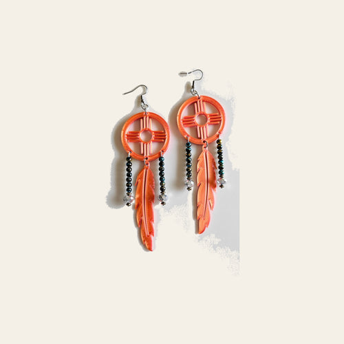 3D print Lightweight Orange New Mexico Zia Feather Dream Catcher Earrings Made in America by Baha Ranch Western Wear
