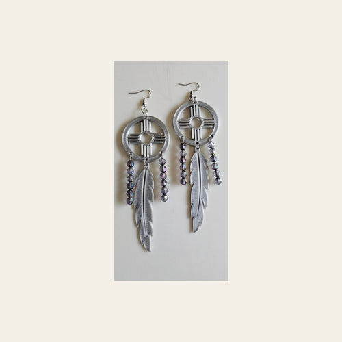 3D print Lightweight Silver New Mexico Zia Feather Dream Catcher Earrings Made in America on a warm cream background