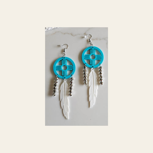 3D print Lightweight Turquoise New Mexico Zia Feather Dream Catcher Earrings Made in America on a warm cream background