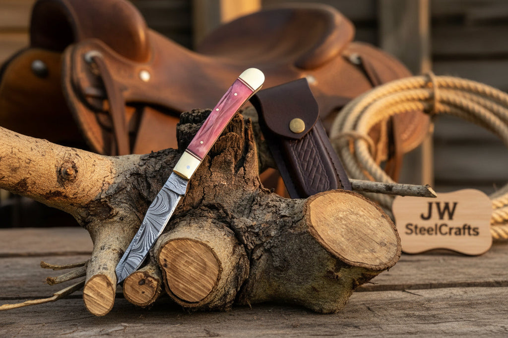 Backwoods Trapper Knife Two Blade Pink Bone Handle Steel Bolster Slip Joint