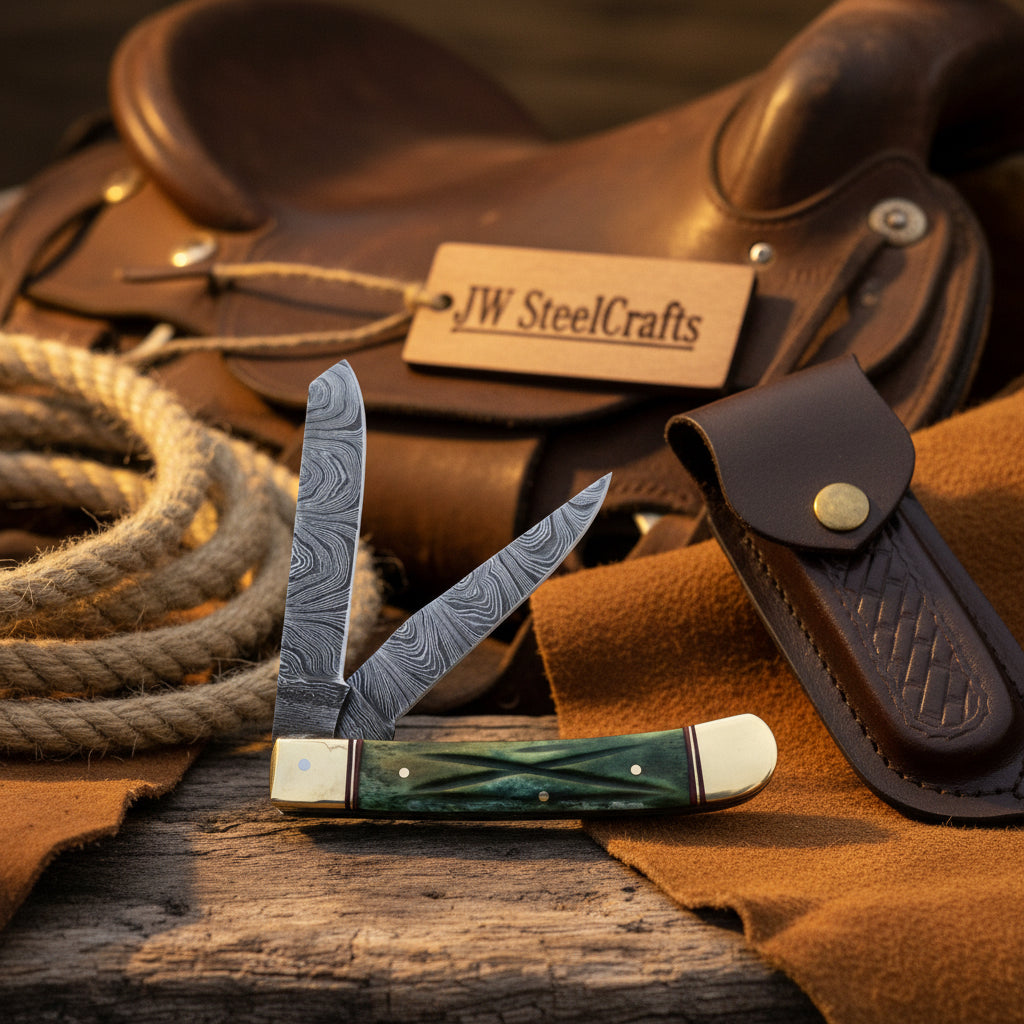 Damascus Trapper Pocket Knife – Two Blade Folding Knife with Green Bone Handle
