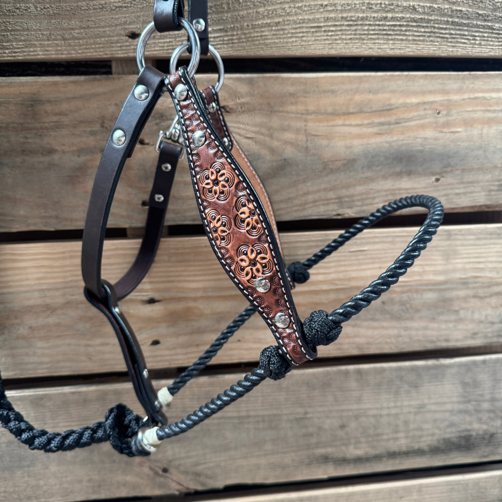 Black Flower Power Tooled Lariat & Leather Combo Halter — view 2