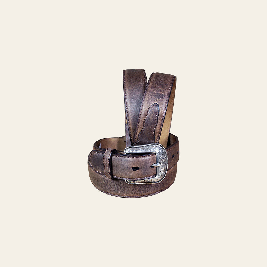 3D Rugged Brown Full-Grain Distressed Leather Western Belt & Silver Buckle