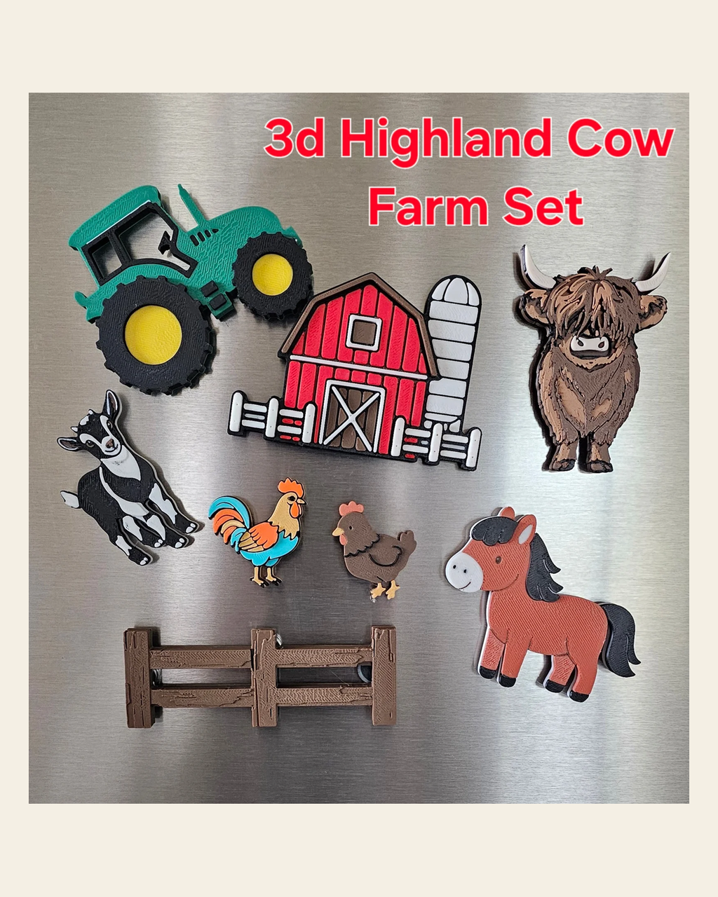 3D Highland Cow Farm Magnet Gift Set on a warm cream background