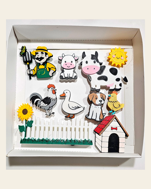 3D Hobby Farmer Cow Farm Animal Magnet Gift Set Made in America on a warm cream background