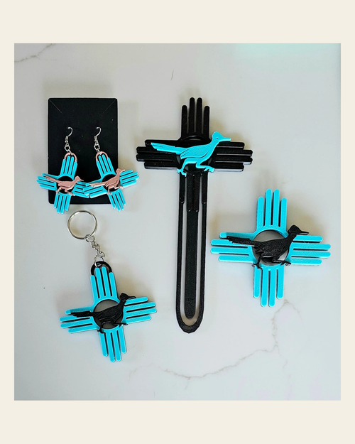 3D New Mexico Zia Magnet or Bookmark or Keychain or Earrings on a warm cream background