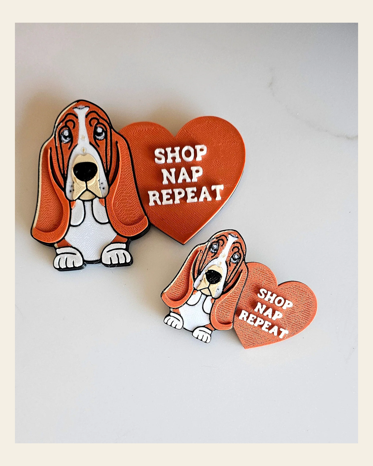 3d Print Basset Hound Cute Funny Shopping Hat Pin or Magnet on a warm cream background
