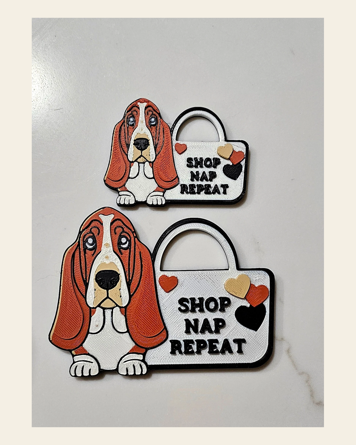 3d Print Basset Hound Cute Funny Shopping Hat Pin or Magnet on a warm cream background