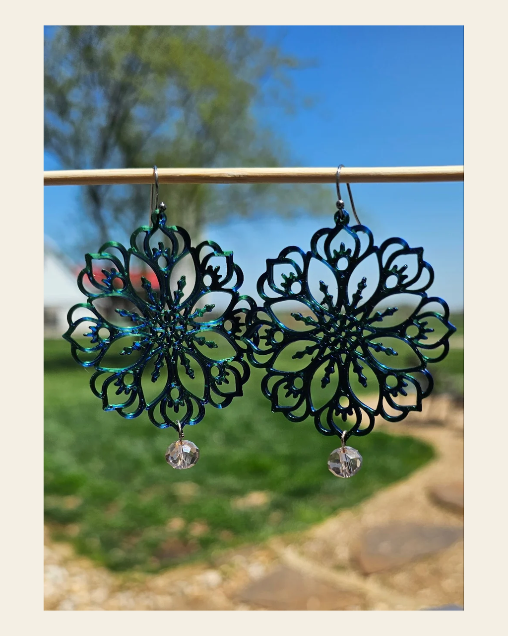 3D Print Boho Earrings Made in America on a warm cream background