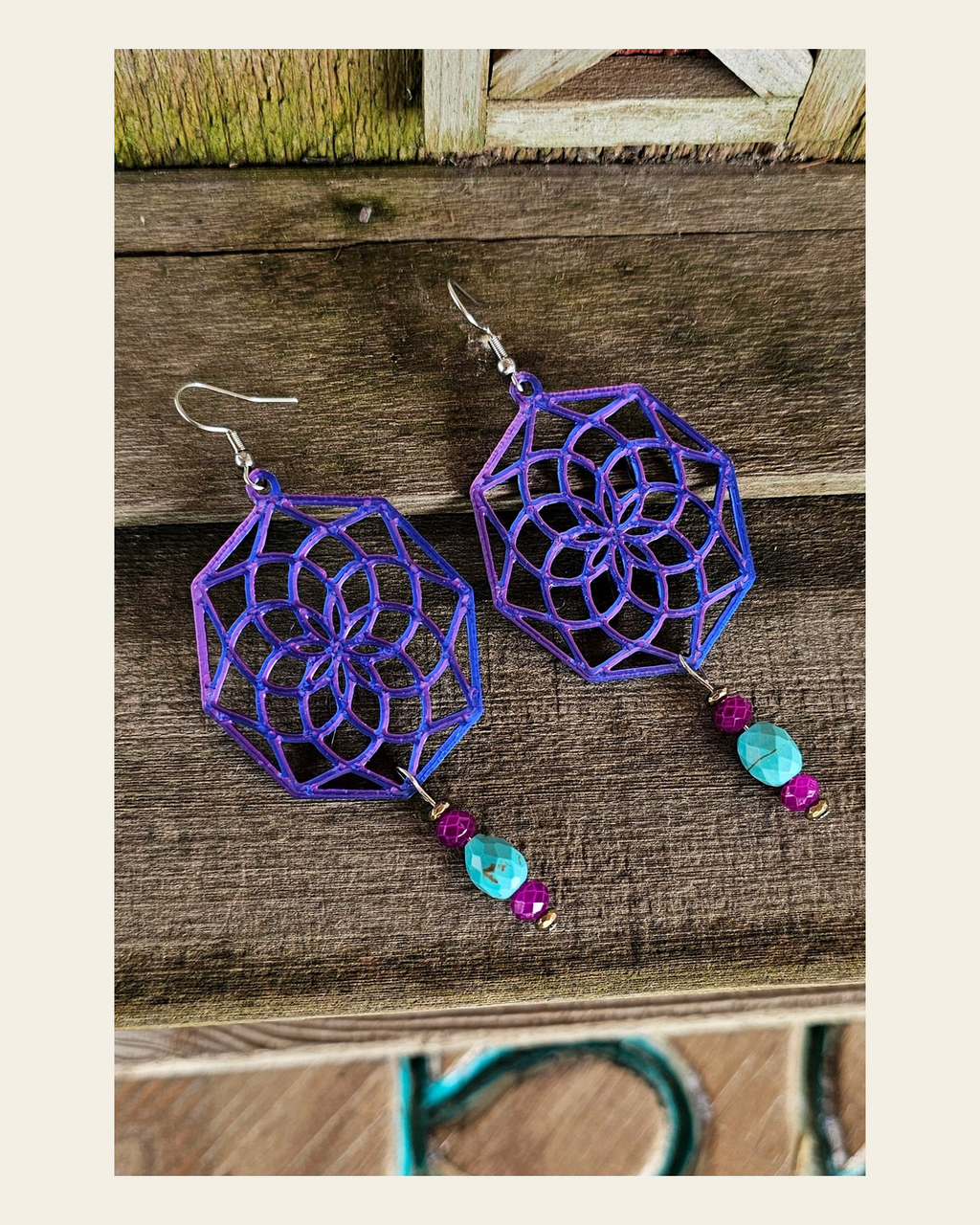 3D Print Boho Earrings Made in America on a warm cream background
