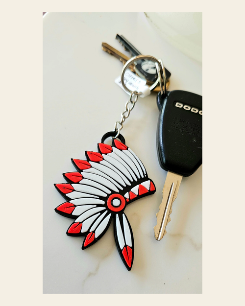 3D Print Chiefs Kc 15 Mahomes Kansas City Kelce Football Indian Headdress Keychain on a warm cream background