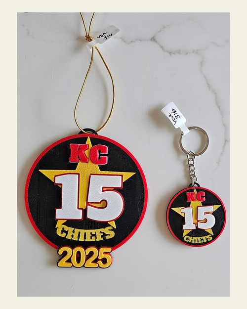 3D Print Chiefs Kc 15 Mahomes Kansas City Patrick Football Ornament or Keychain on a warm cream background