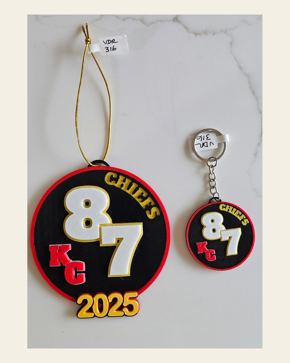 3D Print Chiefs Kc 87 Kelce Travis Kansas City Football Ornament or Keychain on a warm cream background