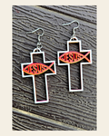 3D Print Christian Cross Faith Earrings Made in America on a warm cream background
