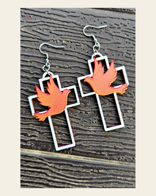 3D Print Christian Cross Faith Earrings Made in America on a warm cream background