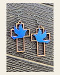 3D Print Christian Cross Faith Earrings Made in America on a warm cream background