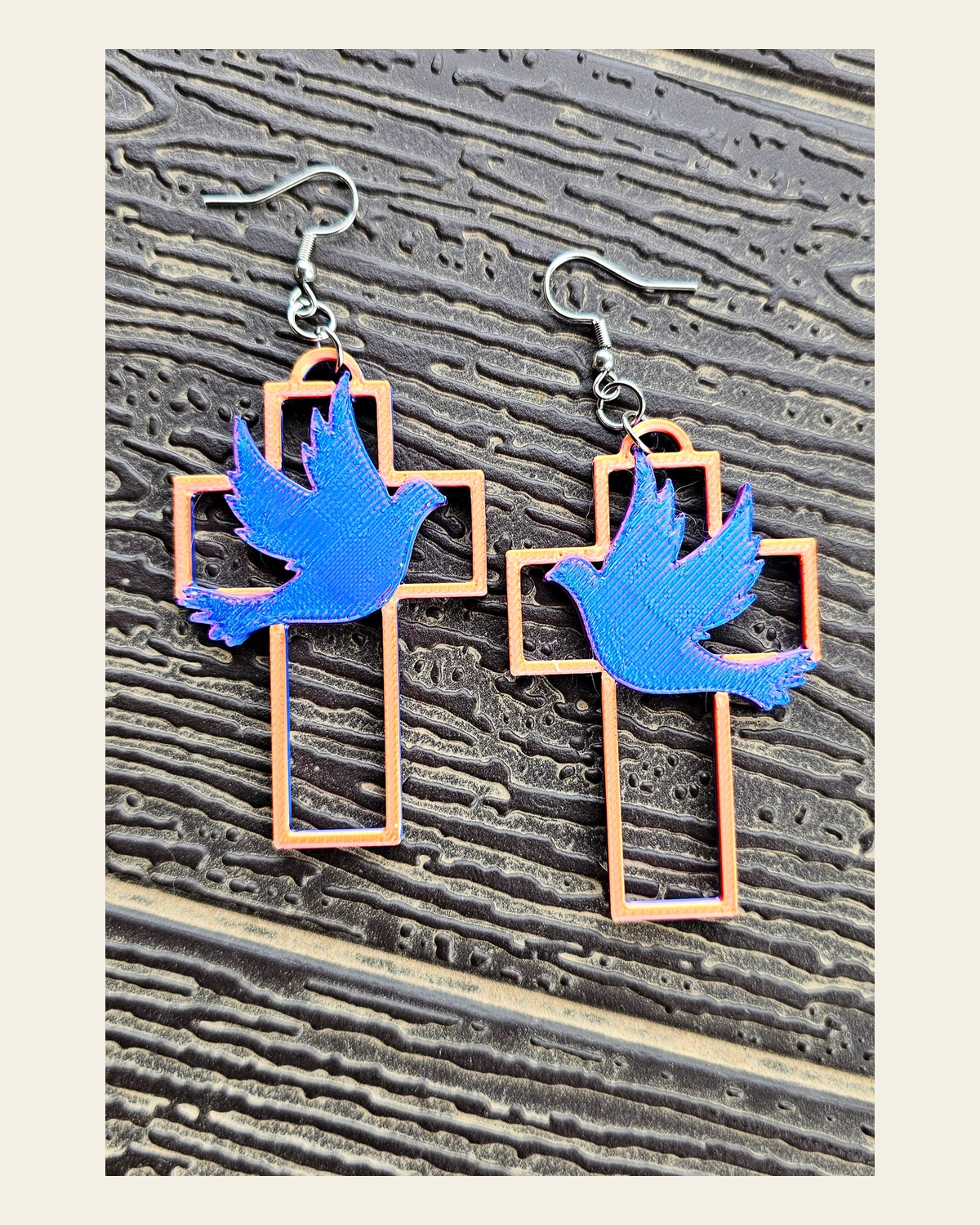 3D Print Christian Cross Faith Earrings Made in America on a warm cream background