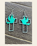 3D Print Christian Cross Faith Earrings Made in America on a warm cream background