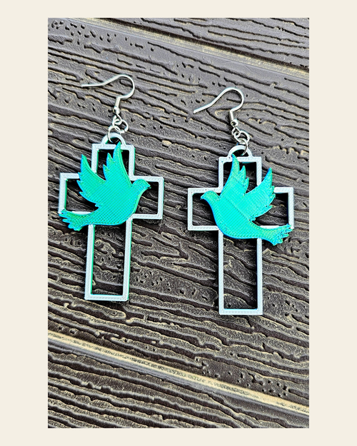 3D Print Christian Cross Faith Earrings Made in America on a warm cream background