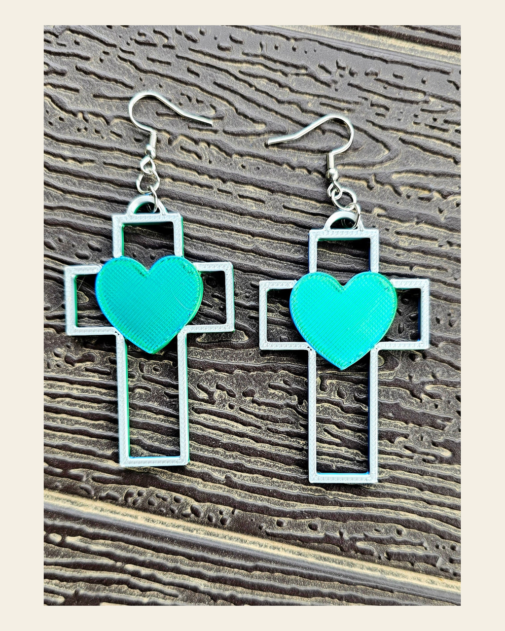 3D Print Christian Cross Faith Earrings Made in America on a warm cream background